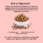 Tigernuts in a bowl with text about their nutritional benefits on a pink background