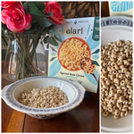Collage of elari tiger nut root cereal packaging, bowl with cereal, and close-up of cereal.
