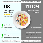 Comparison chart of Elari Tigernut Root Cereal with other cereals highlighting health benefits and ingredients.